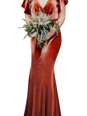Amazon Rust Velvet V-Neck Flutter Sleeve Bridal Gown